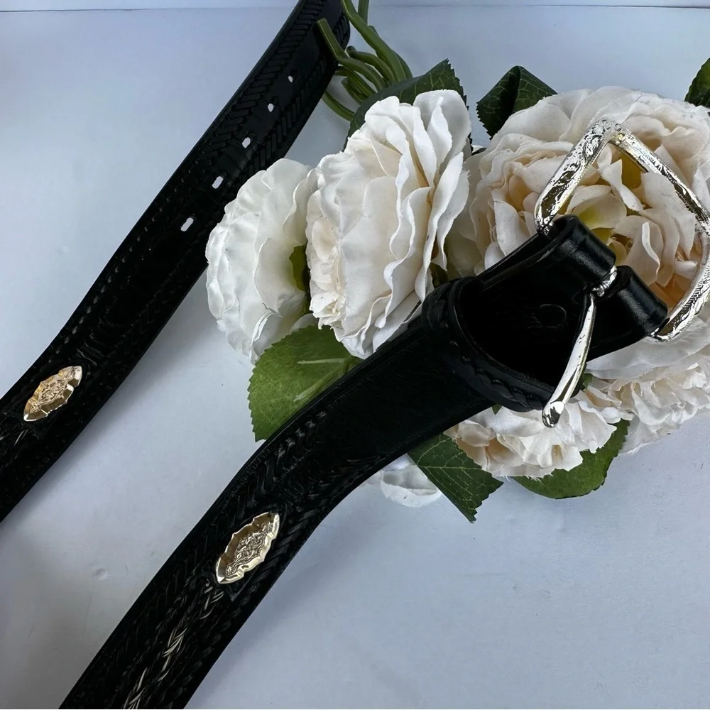 Black Leather Sz 36 Silver Plated Belt
